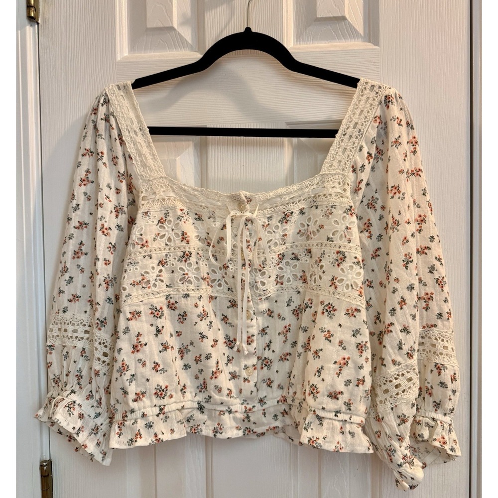 Women's American Eagle Sz L Crop Floral Embroidered Ruffled BOHO Festival Top